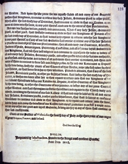 <b class=qtipBold><figcaption>Proclamation of King James</figcaption></b><br>Proclamation by the King, James Rex, King James I in 1605 that all in the Church of Ireland attend church on Sunday Date: 1605<br><em>© Mary Evans / National Archives</em> Proclamation of King James