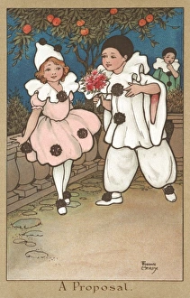 <b class=qtipBold><figcaption>A Proposal by Florence Hardy</figcaption></b><br>A small boy Pierrot woos a pretty little girl with a bunch of pink flowers.<br><em>© Mary Evans/Peter & Dawn Cope Collection</em> A Proposal by Florence Hardy