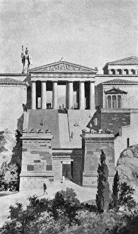 <b class=qtipBold><figcaption>Propylaea gateway in ancient Athens</figcaption></b><br>The Propylaea, or gateway to the Acropolis in Athens, were composed entirely of Pentelic marble, and poised beyond them was a bronze statue of the goddess Athena, the Athena Promachos.<br><em>© Mary Evans Picture Library</em> Propylaea gateway in ancient Athens