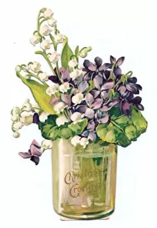 Images Dated 3rd December 2015: Purple and white flowers in a jar on a cutout Christmas card