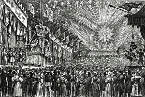 Fireworks Collection: Queen Victoria's Coronation Fair, with fireworks, Hyde Park