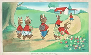 Harrison Gallery: Rabbits walking along a path, picking flowers