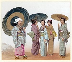<b class=qtipBold><figcaption>Racial/Japan/Women 19C</figcaption></b><br>Five Japanese women in traditional costume, three of which hold flat circular parasols of varying sizes.<br><em>© Mary Evans Picture Library</em> Racial/Japan/Women 19C