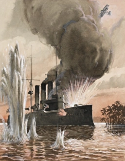<b class=qtipBold><figcaption>RAF bombing German warship</figcaption></b><br>An RAF biplane bombs a german warship off the coast of Africa during World War One. Painting by Raymond Sheppard<br><em>© Mary Evans/Raymond Sheppard Collection</em> RAF bombing German warship