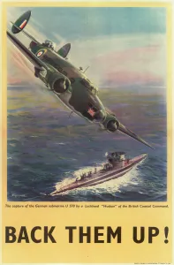 <b class=qtipBold><figcaption>RAF Poster, Back Them Up! WW2</figcaption></b><br>RAF Poster, Back Them Up!, showing the capture of the German submarine U570 by a Lockheed Hudson plane of the British Coastal Command during the Second World War. 1941<br><em>© The Royal Aeronautical Society (National Aerospace Library)/Mary Evans</em> RAF Poster, Back Them Up! WW2
