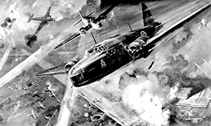 RAF Wellington bombers attacking a German airfield; Second RAF Wellington bombers attacking a German airfield; Second