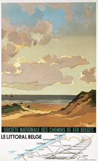 Prints of The Belgian Coast - Railway Poster with a map showing connecting routes along the English Channel Coast Belgium Prints: Coastal Belgium Railway Poster Print