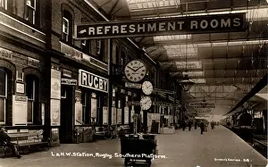 Prints of The Railway Station Interior (South Platform), Rugby, Warwickshire, England. London and North Western Railway. Date: 1915 Transport Prints: Railway Station Interior Print, Rugby England 1915