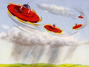 <b class=qtipBold><figcaption>Rainmaking Saucers</figcaption></b><br>Flying Saucers Used to Precipitate Rainfall<br><em>© Mary Evans Picture Library</em> Rainmaking Saucers