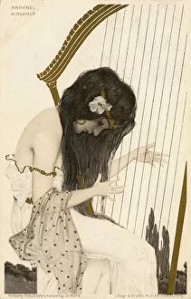Raphael Kirchner - Art Nouveau Girl playing the harp