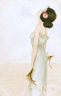 Raphael Kirchner - Art Nouveau lady holding looking upward Raphael Kirchner - Art Nouveau lady holding looking upward