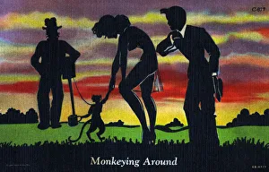 A really very bizarre silhouette postcard depicting a man with a dancing monkey A really very bizarre silhouette postcard depicting a man with a dancing monkey