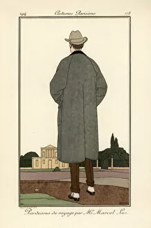Chapeau Gallery: Rear view of man in travel overcoat by Marcel Lus