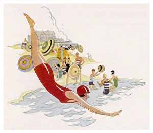 <b class=qtipBold><figcaption>Red Bathing Costume 1930</figcaption></b><br>Girl in a red swimsuit & bathing cap dives in the water.<br><em>© Mary Evans Picture Library</em> Red Bathing Costume 1930