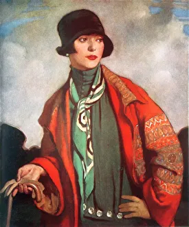 <b class=qtipBold><figcaption>The Red Coat by Lewis Baumer</figcaption></b><br>Portrait by Lewis Baumer showing an elegant, stylish young woman wearing a red coat, with scarf, cloche hat and walking cane.<br><em>© Mary Evans Picture Library</em> The Red Coat by Lewis Baumer