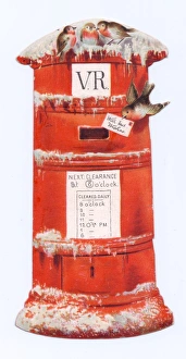 Red pillar box with robins on a Christmas card Red pillar box with robins on a Christmas card