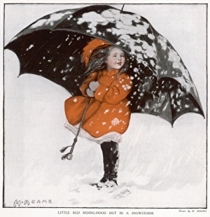 <b class=qtipBold><figcaption>Red Riding Hood & Snow</figcaption></b><br>A small girl, perhaps Little Red Riding Hood, braves a blizzard under the protection of a huge, black umbrella.<br><em>© Illustrated London News Ltd/Mary Evans</em> Red Riding Hood & Snow