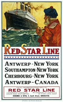 <b class=qtipBold><figcaption>Red Star Line poster</figcaption></b><br>Poster for the Red Star Line shipping company promoting its passenger liner service between Antwerp, New York, Southampton, Cherbourg and Canada. An old sea salt sucks on his pipe and looks on in admiration at Red Star Line's impressive ship forging through the waves.<br><em>© Mary Evans Picture Library 2015 - https://copyrighthub.org/s0/hub1/creation/maryevans/MaryEvansPictureID/10239645</em> Red Star Line poster