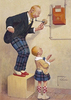 <b class=qtipBold><figcaption>Reducing the Gas Bill</figcaption></b><br>Comic illustration by Lawson Wood (1878-1957) showing a Scottish man blowing into his gas supply in an attempt to reduce bills watched by his son in a tartan kilt.<br><em>© Estate of Lawson Wood/Chris Beetles/Mary Evans</em> Reducing the Gas Bill