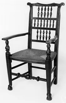 <b class=qtipBold><figcaption>Reference shot</figcaption></b><br>Triple-row spindle-back armchair made of ash with a rush seat, stamped 'J.RIDING', possibly manufactured by John Riding in Macclesfield, Cheshire, c.1818. Date: c. 1818<br><em>© The Geffrye Museum of the Home / Mary Evans Picture Library</em> Reference shot