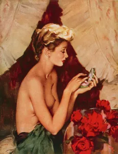 <b class=qtipBold><figcaption>Refresher Course by David Wright</figcaption></b><br>Refresher Course by David Wright, showing a woman applying her make up. Wright produced a series of over 160 illustrations or 'pin-ups' for 'The Sketch' during the 1940's. David Wright's 'Lovelies' proved hugely popular and adorned practically every military mess, bunker, dormitory or club room in the country during World War II.<br><em>© Estate of David Wright/ILN/Mary Evans Picture Library</em> Refresher Course by David Wright