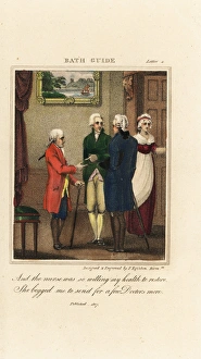 Regency doctors in wigs and frock coats consult with a nurse Regency doctors in wigs and frock coats consult with a nurse