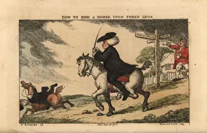 Regency gentleman riding a horse with one hind leg tied Regency gentleman riding a horse with one hind leg tied