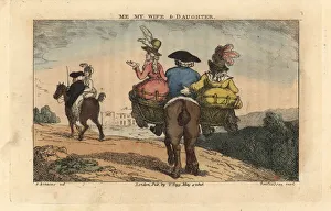 Regency man riding on a horse with two women pillion Regency man riding on a horse with two women pillion