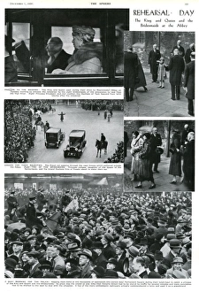 <b class=qtipBold><figcaption>Rehearsal Day</figcaption></b><br>Page of photographs showing the rehearsal for the wedding between Prince George, Duke of Kent and Princess Marina of Greece, with King George V and Queen Mary driving to Westminster Abbey, Princess Elizabeth of York (now Queen Elizabeth II) leaving the rehearsal, two of the royal bridesmaids, Princess Juliana of the Netherlands (later Queen) and Grand Duchess Kira of Russia as well as photographs of the immense crowds, controlled by mounted police, gathered to catch a glimpse of the royal family. The couple were married on 29 November 1934 at Westminster Abbey. Date: 1934<br><em>© Illustrated London News Ltd/Mary Evans</em> Rehearsal Day
