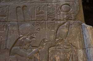 Relief depicting the god Monthu offering the ankh to the ph Relief depicting the god Monthu offering the ankh to the ph