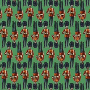 <b class=qtipBold><figcaption>Repeating Pattern - guardsmen, green</figcaption></b><br>Repeating Pattern - guardsmen (with green background). *PLEASE NOTE that the magnifying glass is solely to show the detail of the repeating pattern and will not feature on the final file.*<br><em>© Mary Evans Picture Library</em> Repeating Pattern - guardsmen, green