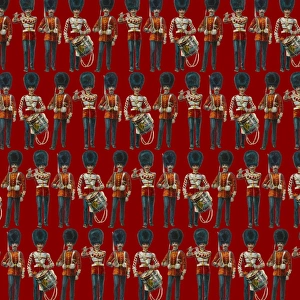 <b class=qtipBold><figcaption>Repeating Pattern - guardsmen, red</figcaption></b><br>Repeating Pattern - guardsmen (with red background). *PLEASE NOTE that the magnifying glass is solely to show the detail of the repeating pattern and will not feature on the final file.*<br><em>© Mary Evans Picture Library</em> Repeating Pattern - guardsmen, red