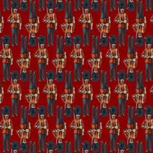 <b class=qtipBold><figcaption>Repeating Pattern - guardsmen, red</figcaption></b><br>Repeating Pattern - guardsmen (with red background). *PLEASE NOTE that the magnifying glass is solely to show the detail of the repeating pattern and will not feature on the final file.*<br><em>© Mary Evans Picture Library</em> Repeating Pattern - guardsmen, red