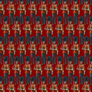 <b class=qtipBold><figcaption>Repeating Pattern - guardsmen, red</figcaption></b><br>Repeating Pattern - guardsmen (with red background). *PLEASE NOTE that the magnifying glass is solely to show the detail of the repeating pattern and will not feature on the final file.*<br><em>© Mary Evans Picture Library</em> Repeating Pattern - guardsmen, red
