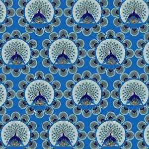<b class=qtipBold><figcaption>Repeating Pattern - peacocks, blue</figcaption></b><br>Repeating Pattern - peacocks (with blue background). *PLEASE NOTE that the magnifying glass is solely to show the detail of the repeating pattern and will not feature on the final file.*<br><em>© Mary Evans Picture Library</em> Repeating Pattern - peacocks, blue