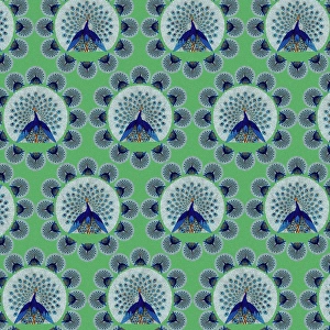 <b class=qtipBold><figcaption>Repeating Pattern - peacocks, green</figcaption></b><br>Repeating Pattern - peacocks (with green background). *PLEASE NOTE that the magnifying glass is solely to show the detail of the repeating pattern and will not feature on the final file.*<br><em>© Mary Evans Picture Library</em> Repeating Pattern - peacocks, green