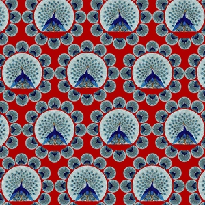 <b class=qtipBold><figcaption>Repeating Pattern - peacocks, red</figcaption></b><br>Repeating Pattern - peacocks (with red background). *PLEASE NOTE that the magnifying glass is solely to show the detail of the repeating pattern and will not feature on the final file.*<br><em>© Mary Evans Picture Library</em> Repeating Pattern - peacocks, red
