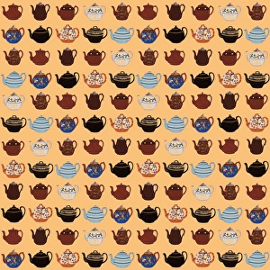 <b class=qtipBold><figcaption>Repeating Pattern - Teapots</figcaption></b><br>Repeating Pattern - Teapots (orange background). *PLEASE NOTE that the magnifying glass is solely to show the detail of the repeating pattern and will not feature on the final file.* Date:<br><em>© Mary Evans Picture Library</em> Repeating Pattern - Teapots