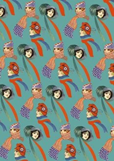 Repeating Pattern - three women, scarves and hats, turquoise