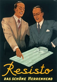<b class=qtipBold><figcaption>Resisto poster</figcaption></b><br>Advertising poster for Resisto mens' tailored shirts which two dapper chaps admiring the craftsmanship and fine finishing in a blue, striped Resisto shirt.<br><em>© Mary Evans Picture Library 2015 - https://copyrighthub.org/s0/hub1/creation/maryevans/MaryEvansPictureID/10239610</em> Resisto poster