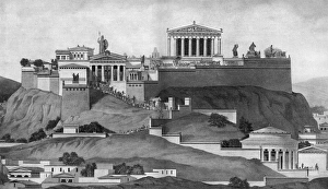 <b class=qtipBold><figcaption>Restoration of the Acropolis, Athens</figcaption></b><br>Depiction of the acropolis in ancient Athens, with the Propylaea, the bronze statue of Athena Promachos and the Erechteion, temple of the tutelary goddess Athena Polias. On the other side the temple of Nike and the Parthenon.<br><em>© Mary Evans Picture Library</em> Restoration of the Acropolis, Athens