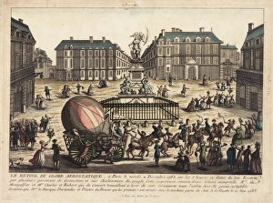 <b class=qtipBold><figcaption>Return of a balloon, Paris</figcaption></b><br>The ceremonial return of a balloon to Paris, with various people of distinction. Charles and Robert made the ascent from the Tuileries Gardens the previous day. 2 December 1783<br><em>© The Royal Aeronautical Society (National Aerospace Library)/Mary Evans</em> Return of a balloon, Paris