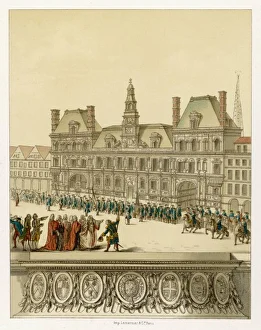 <b class=qtipBold><figcaption>Review, Paris C1770</figcaption></b><br>A Review of the Gardes de la Ville de Paris - the municipal militia - outside the Hotel de Ville<br><em>© Mary Evans Picture Library</em> Review, Paris C1770
