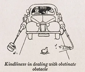 <b class=qtipBold><figcaption>Road obsticles / W H Robinson</figcaption></b><br>Kindliness in dealing with an obstinate obstacle. Loud music is piped down one tube to irritate the offending nesting hen and corn is scattered on the opposite side of the road to entice her to move. Please note: Credit must appear as (c) Courtesy of the estate of Mrs J.C.Robinson/Pollinger Ltd/Mary Evans Picture Library<br><em>© Mary Evans Picture Library 2015 - https://copyrighthub.org/s0/hub1/creation/maryevans/MaryEvansPictureID/10412498</em> Road obsticles / W H Robinson