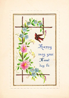 Robin and flowers on a fabric Feast Day card Robin and flowers on a fabric Feast Day card