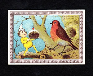 Robin with goblin and pudding on a Christmas card Robin with goblin and pudding on a Christmas card