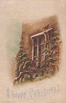 Robin perched on a window on a fabric Christmas card Robin perched on a window on a fabric Christmas card