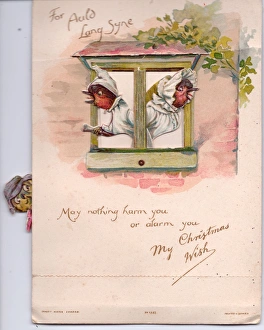 Two robins alarmed by a cat on a Christmas card Two robins alarmed by a cat on a Christmas card