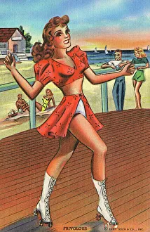 Roller-skating girl cutting a dash on the beachside boardwal Roller-skating girl cutting a dash on the beachside boardwal