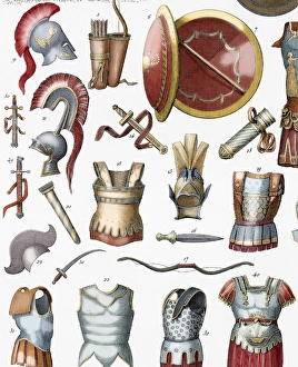 Roman army. Armors and weaponry. Colored engraving Roman army. Armors and weaponry. Colored engraving